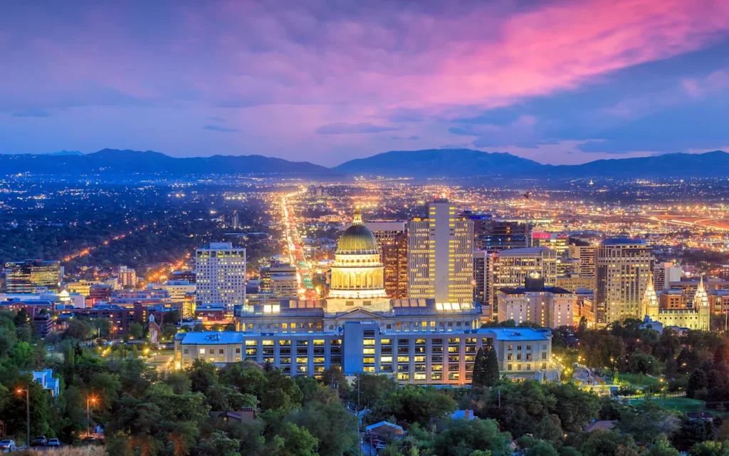 Aerial view of Salt Lake City during sunset.
