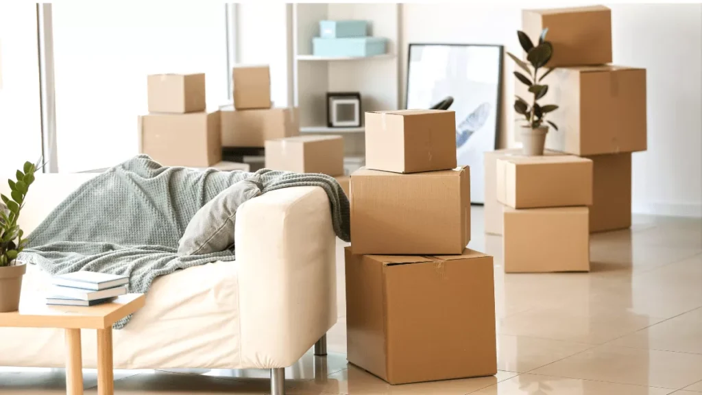 Moving boxes in Salt Lake City  living room.