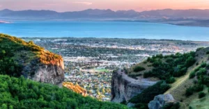 Aerial view of Orem, Utah looking over valley and Utah Lake.